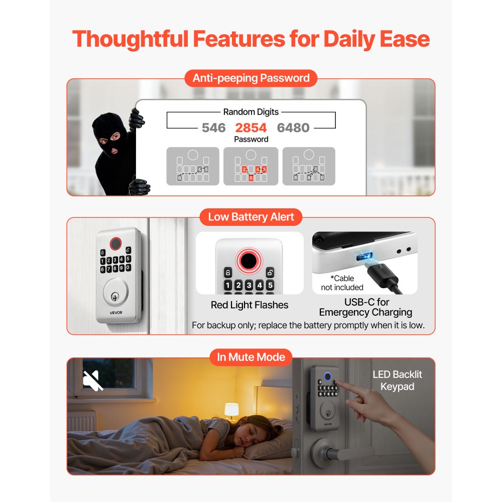 VEVOR Keyless Entry Door Lock with Handle Set, Electronic Keypad Deadbolt with Lever Handles, Pioneering Easy-Grip Design, Customizable User Codes, Keyed Entry, Auto Lock, Anti-Peeking, Silver