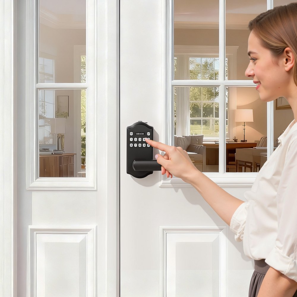 VEVOR Keyless Entry Door Lock with Handle, Electronic Lever Door Handle with Keypad, Customizable User Codes, Keyed Entry, Auto Lock, Anti-Peeking Password, Backlit Keypad, for Home, Matte Black