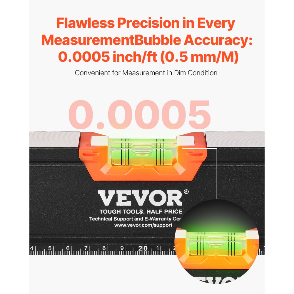VEVOR 4-Piece Torpedo Level, 48/24/16/10 Inch Box Levels Set, Fluorescent Light Up Bubble Vials Ruler for 45/90/180 Degree, Aluminum Alloy Magnetic Leveler Tool, Shock-Proof(Only 10-inch has magnetic)