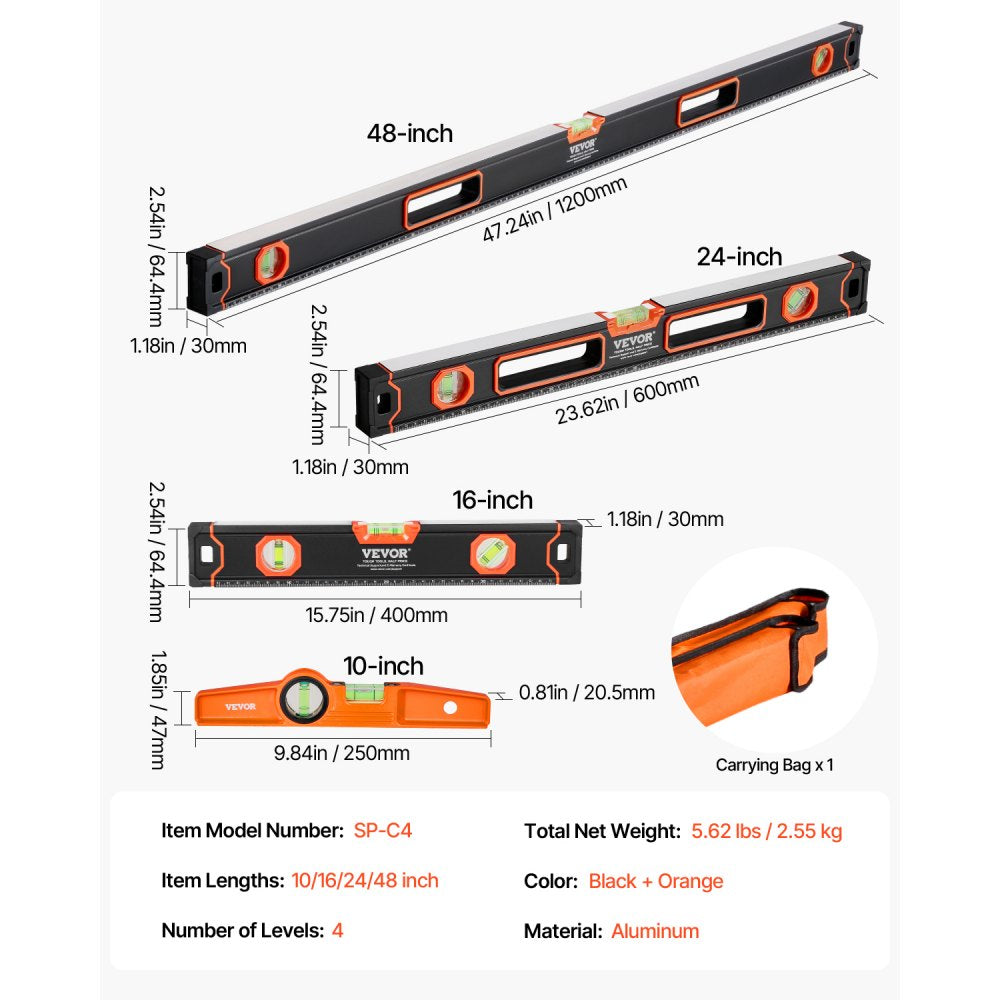 VEVOR 4-Piece Torpedo Level, 48/24/16/10 Inch All Magnetic Levels Set, Fluorescent Light Up Bubble Vials Ruler for 45/90/180 Degree, Aluminum Alloy Magnetic Box Leveler Tool, SAE and Metric Scale