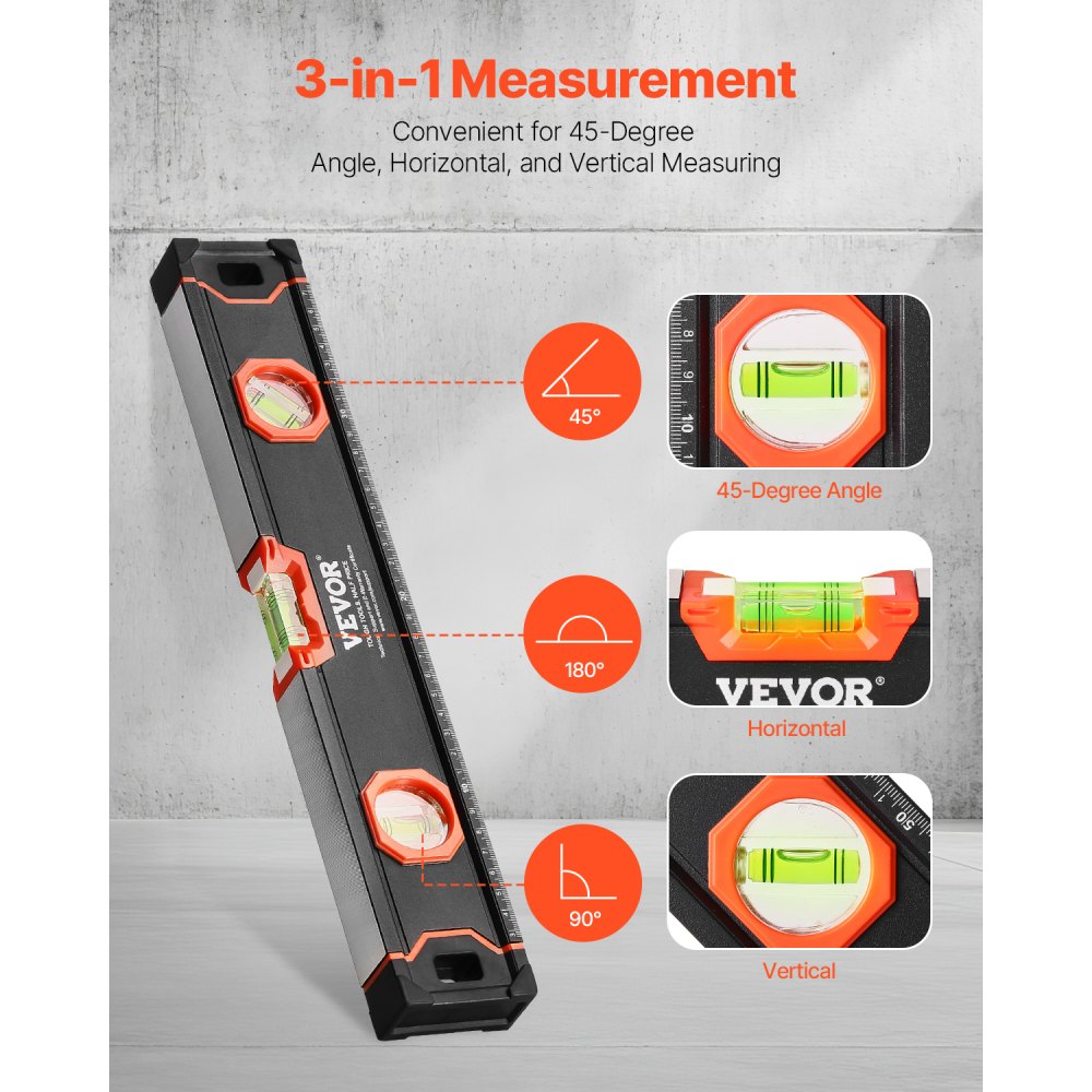 VEVOR 6-Piece Torpedo Level, 78/48/32/24/16/10 Inch All Magnetic Levels Set, Bubble Vials Ruler for 45/90/180 Degree, Aluminum Alloy Magnetic Box Leveler Tool, Shock-Resistance, SAE and Metric Scale