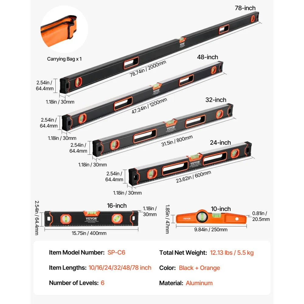 VEVOR 6-Piece Torpedo Level, 78/48/32/24/16/10 Inch All Magnetic Levels Set, Bubble Vials Ruler for 45/90/180 Degree, Aluminum Alloy Magnetic Box Leveler Tool, Shock-Resistance, SAE and Metric Scale