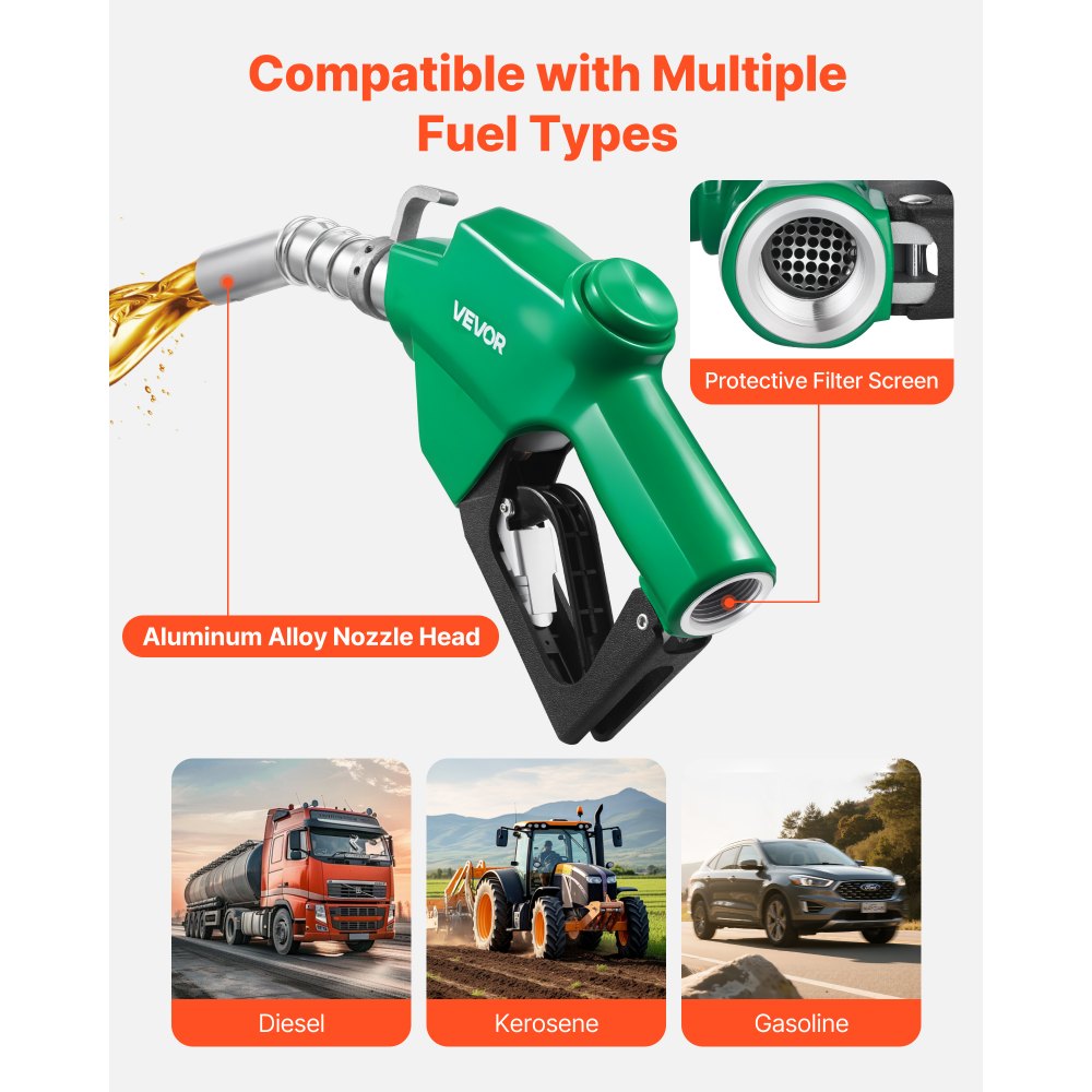 VEVOR 1 Inch NPT Automatic Fuel Nozzle with Swivel, Max Flow Rate 21.6 GPM, Auto Shut Off Diesel Gas Pump Nozzle with 3-Speed Trigger Lock & 1-3/16 in (OD=30.1 mm) Spout for Gasoline, Diesel, Kerosene