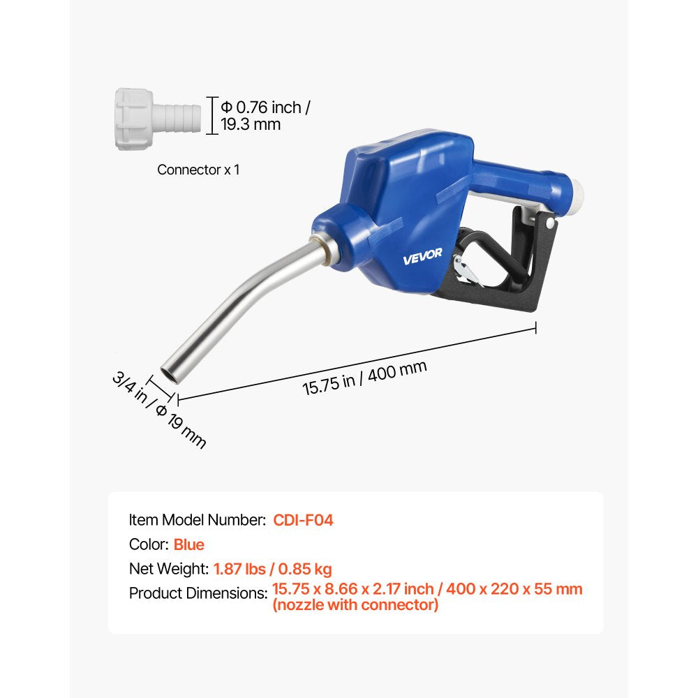 VEVOR 3/4-Inch Barb Diesel Exhaust Fluid Nozzle, Max Flow Rate 11.6 GPM, Auto Shut Off Dispenser Nozzle with 3-Speed Trigger Lock & 3/4-Inch (OD=19 mm) Spout, Used for Urea, Industrial Fluids, Blue