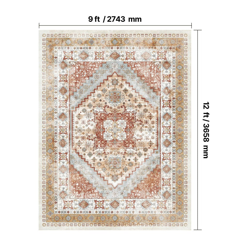 VEVOR Area Rug, 9 x 12 ft Large Washable Rug, Non-Slip and Tear-Resistant Soft Carpet, Pet & Child Friendly Vintage Area Rugs, Indoor Mat for Bedroom, Living Room, Kids Room, Office, Brown Red