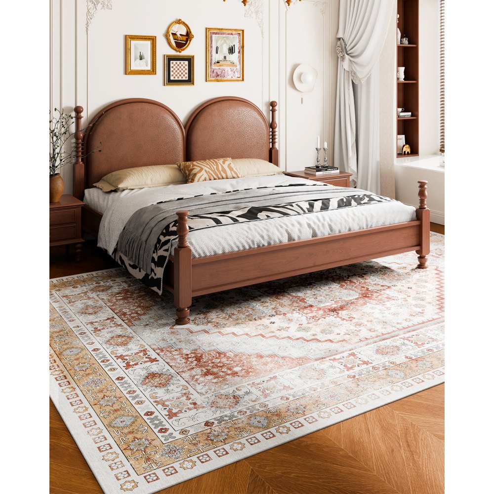 VEVOR Area Rug, 9 x 12 ft Large Washable Rug, Non-Slip and Tear-Resistant Soft Carpet, Pet & Child Friendly Vintage Area Rugs, Indoor Mat for Bedroom, Living Room, Kids Room, Office, Brown Red
