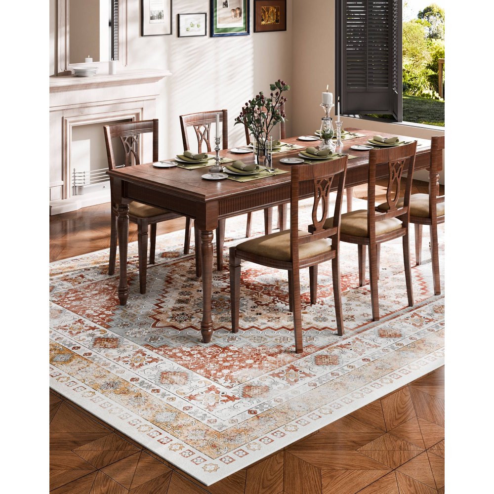 VEVOR Area Rug, 9 x 12 ft Large Washable Rug, Non-Slip and Tear-Resistant Soft Carpet, Pet & Child Friendly Vintage Area Rugs, Indoor Mat for Bedroom, Living Room, Kids Room, Office, Brown Red