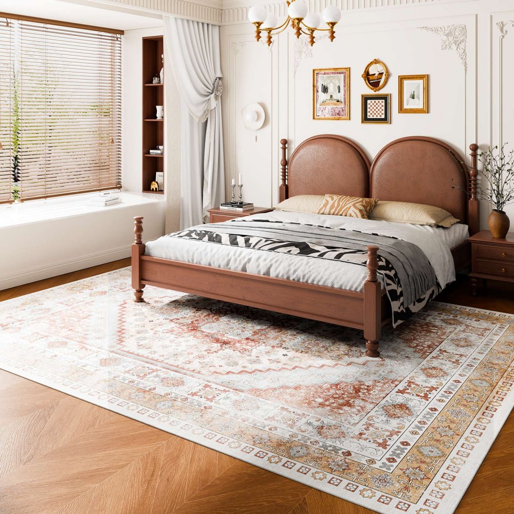VEVOR Area Rug, 9 x 12 ft Large Washable Rug, Non-Slip and Tear-Resistant Soft Carpet, Pet & Child Friendly Vintage Area Rugs, Indoor Mat for Bedroom, Living Room, Kids Room, Office, Brown Red