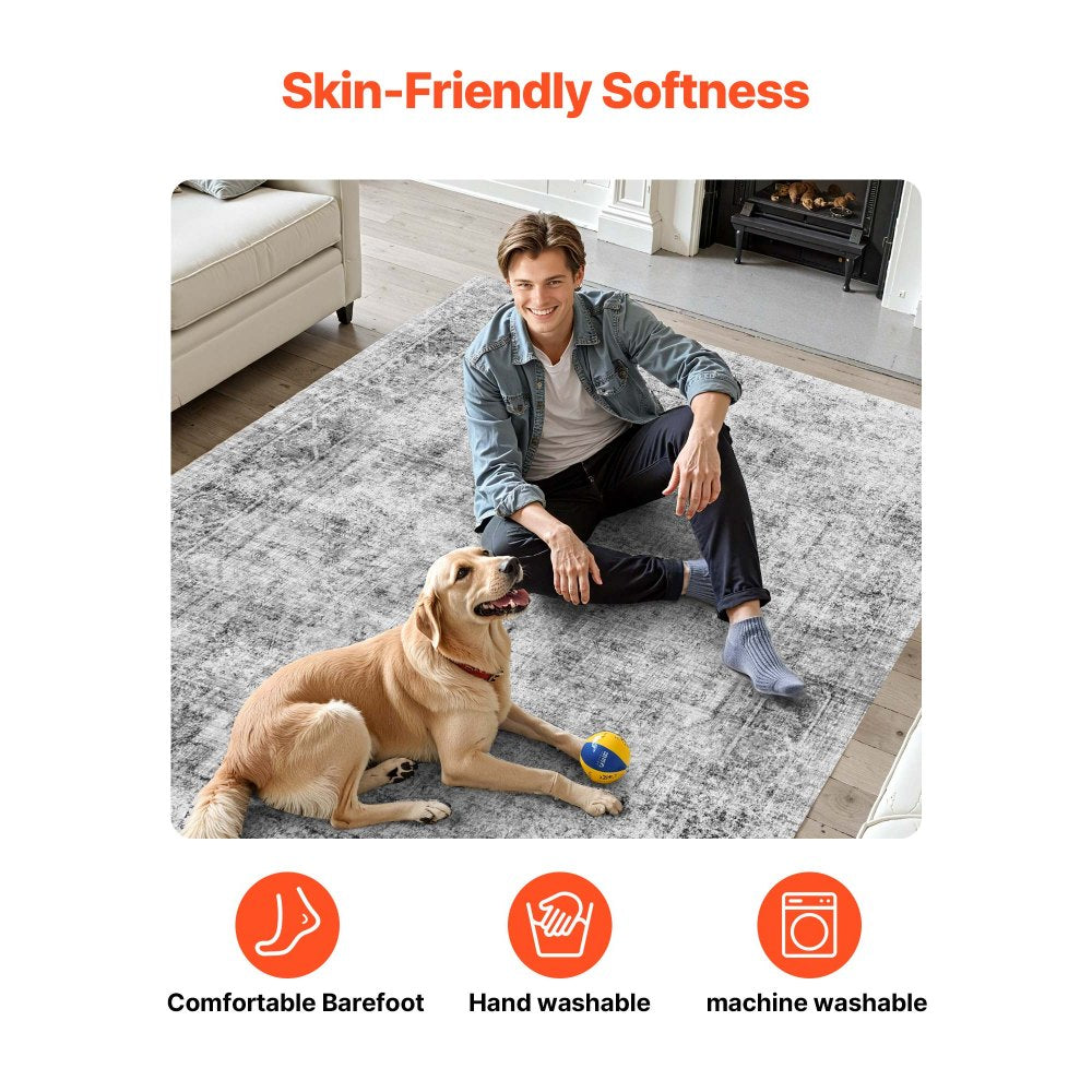 VEVOR Area Rug, 9 x 12 ft Large Washable Boho Rug, Non-Slip and Tear-Resistant Soft Carpet, Pet & Child Friendly Bohemian Area Rugs, Indoor Mat for Bedroom, Living Room, Kids Room, Office, Gray