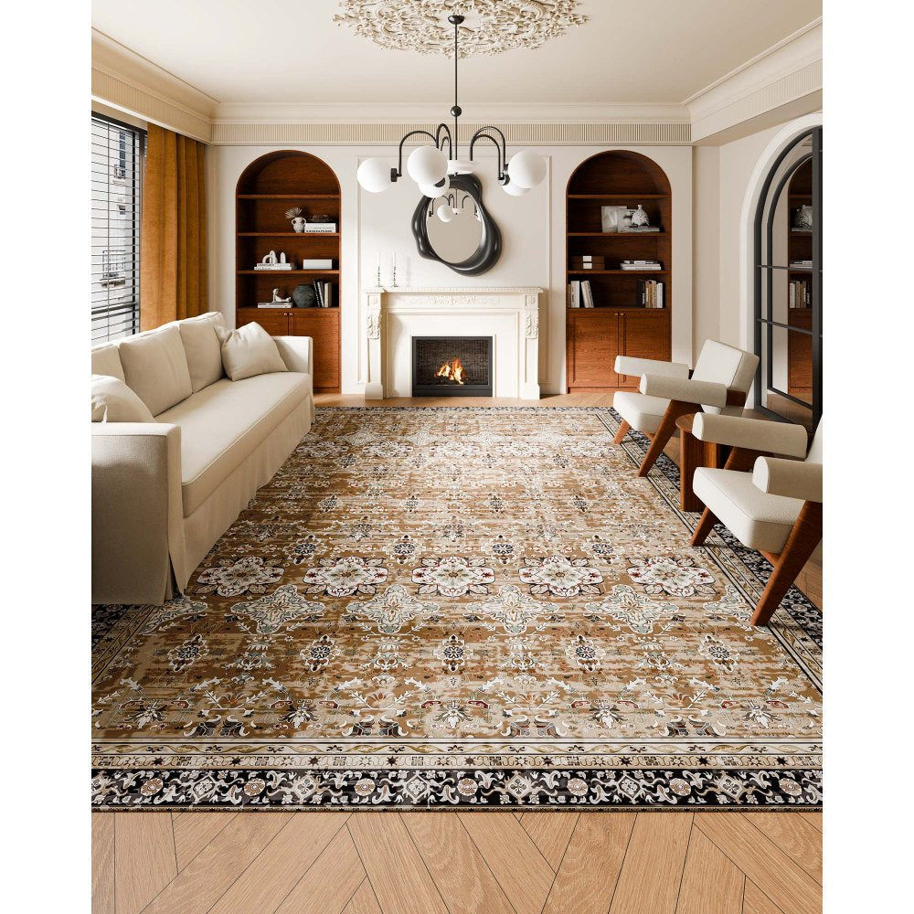 VEVOR Area Rug, 9 x 12 ft Large Washable Rug, Non-Slip and Tear-Resistant Soft Carpet, Pet & Child Friendly Vintage Area Rugs, Indoor Mat for Bedroom, Living Room, Kids Room, Office, Brown Green