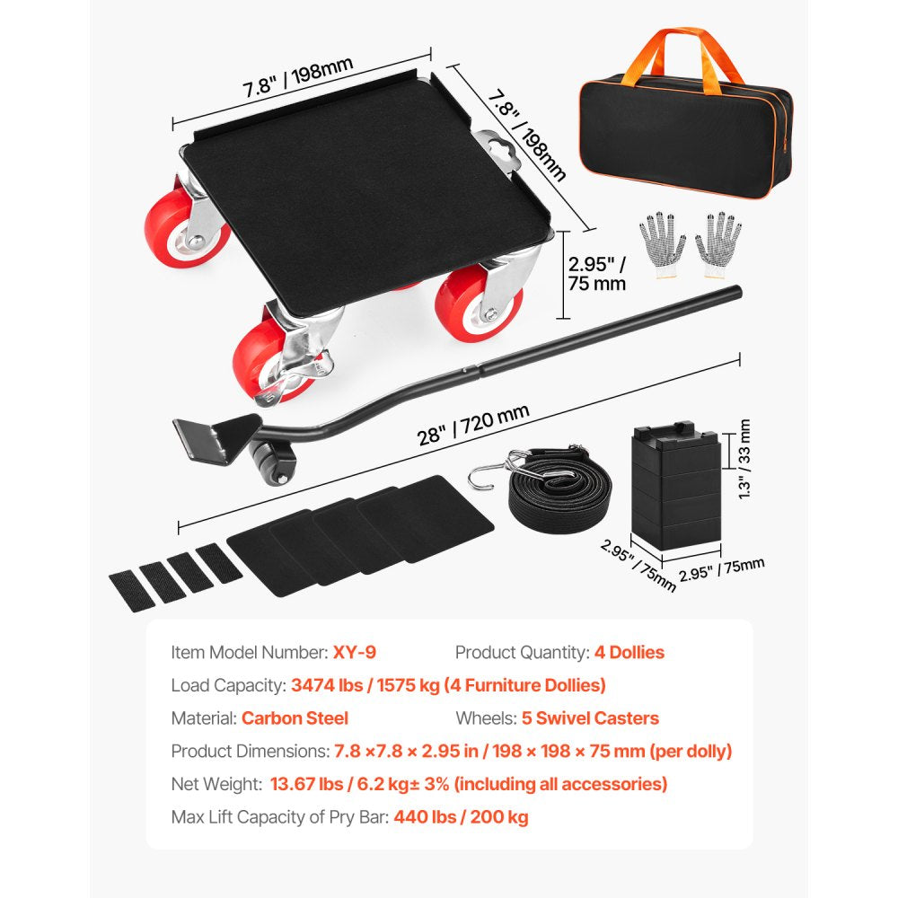 VEVOR Furniture Dolly, Maximum Load 3474 lbs, Heavy Duty Furniture Movers with 5 360° Rotation Wheels, Carbon Steel Panel, Furniture Lift Slider Tool Set for Appliances, Sofa, Fridge, Washing Machine