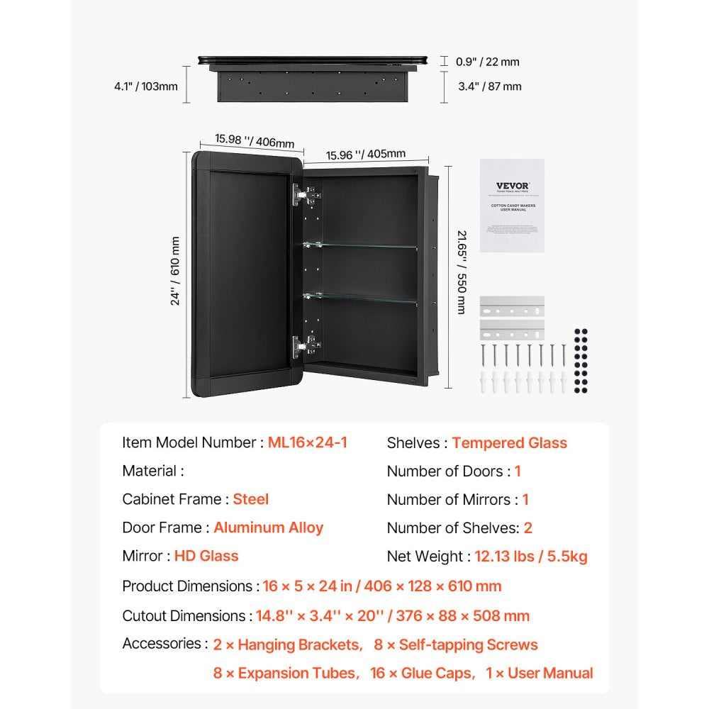 VEVOR Medicine Cabinet, 16 x 24 inch, Medicine Cabinet for Bathroom with Mirror,  Aluminum Frame Bathroom Wall Cabinet, 2-layer Adjustable Shelves, Recessed & Wall-mounted Installation