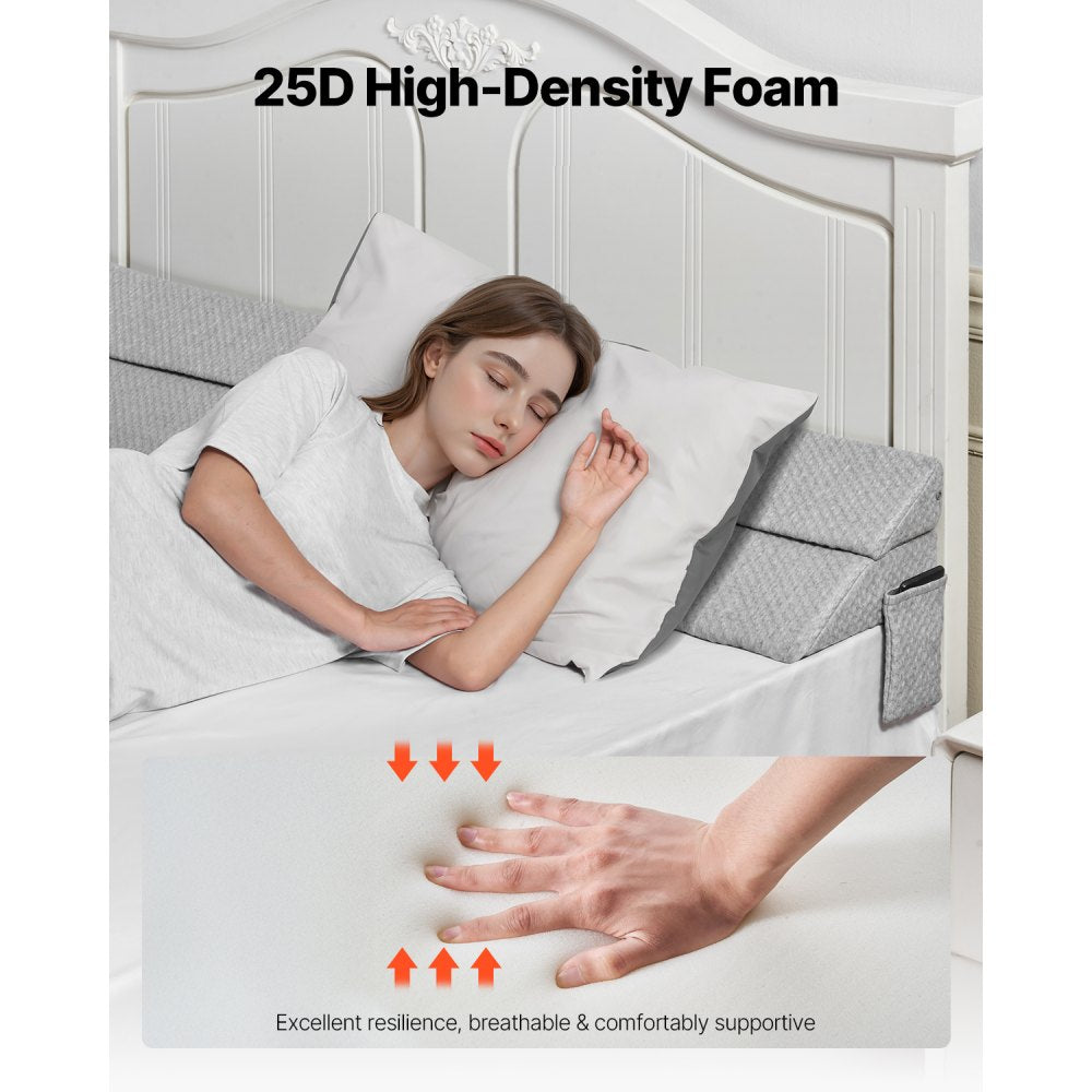 VEVOR Bed Wedge Pillow for Headboard, Queen Size, 60"x10"x6" Bed Gap Filler, Fill 0-7" Gap Between Headboard and Mattress, 25D Foam Mattress Wedge Headboard Pillow with Side Pocket, for Backrest, Gray