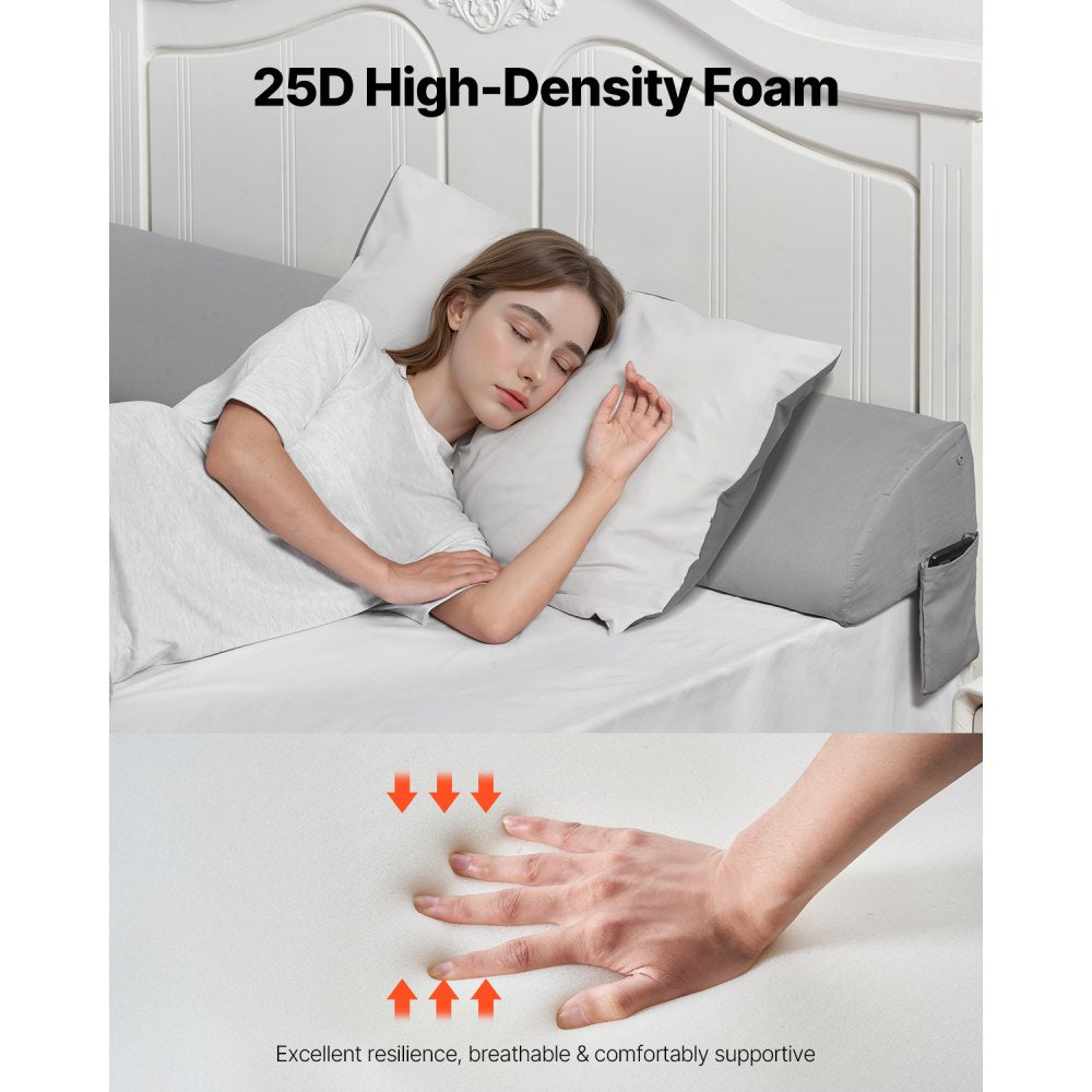 VEVOR Bed Wedge Pillow for Headboard, King Size, 72"x10"x6" Bed Gap Filler, Fill 0-7" Gap Between Headboard and Mattress, 25D Foam Mattress Wedge Headboard Pillow with Side Pocket, for Backrest, Gray