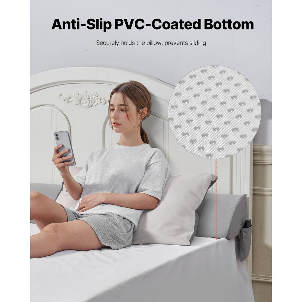 VEVOR Bed Wedge Pillow for Headboard, King Size, 72"x10"x6" Bed Gap Filler, Fill 0-7" Gap Between Headboard and Mattress, 25D Foam Mattress Wedge Headboard Pillow with Side Pocket, for Backrest, Gray