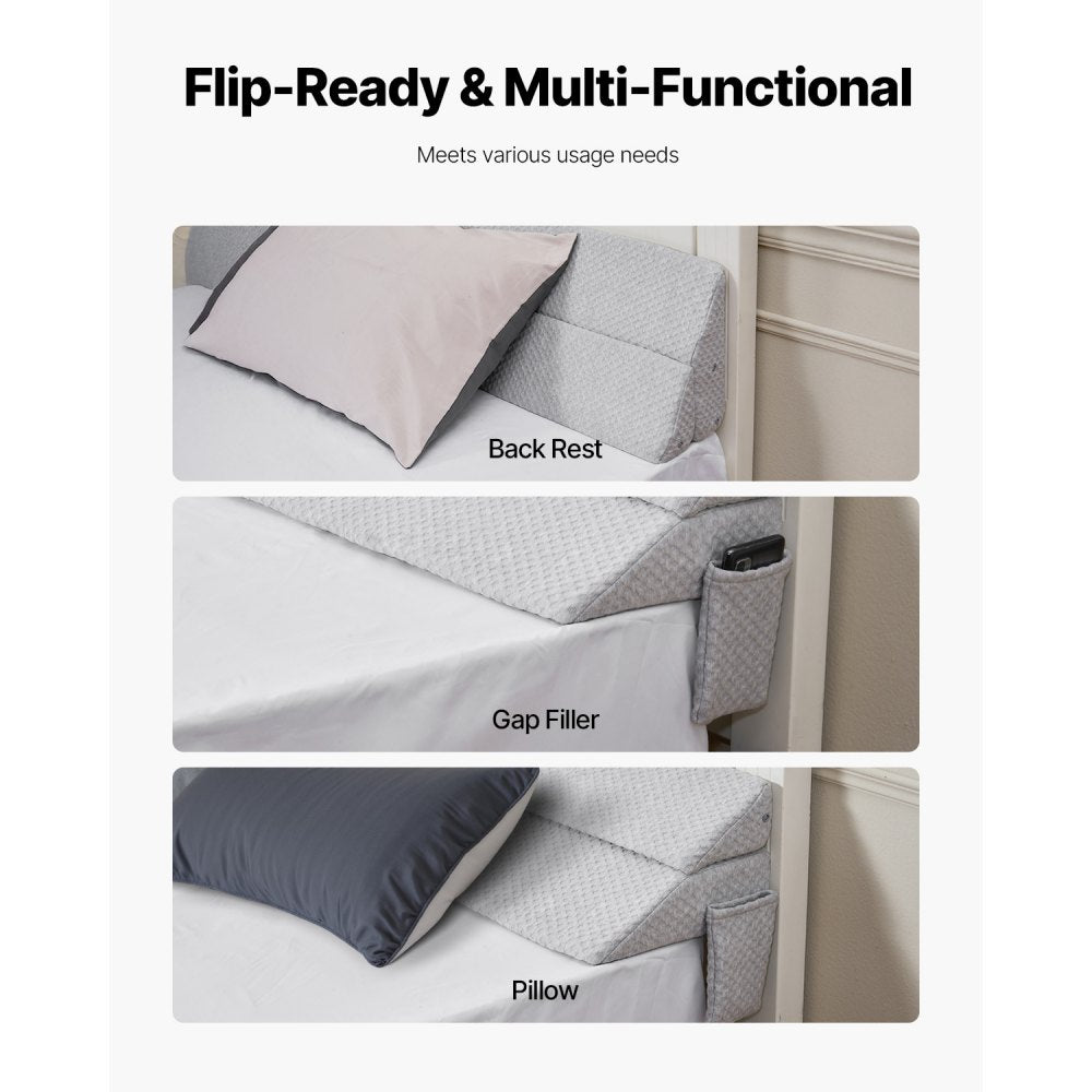 VEVOR Bed Wedge Pillow for Headboard, King Size, 76"x10"x6" Bed Gap Filler, Fill 0-7" Gap Between Headboard and Mattress, 25D Foam Mattress Wedge Headboard Pillow with Side Pocket, for Backrest, Gray