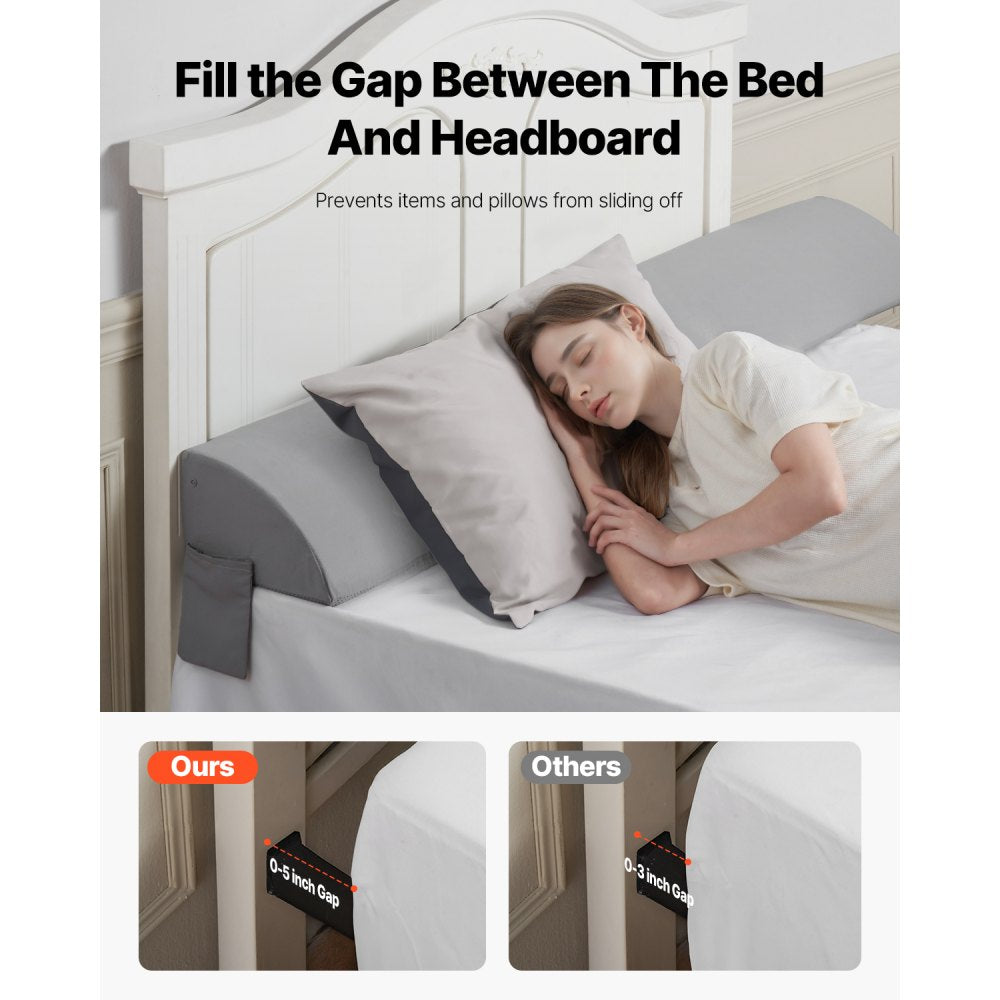 VEVOR Bed Wedge Pillow for Headboard, King Size, 76"x8"x6" Bed Gap Filler, Fill 0-5" Gap Between Headboard and Mattress, 25D Foam Mattress Wedge Headboard Pillow with Side Pocket, for Backrest, Gray