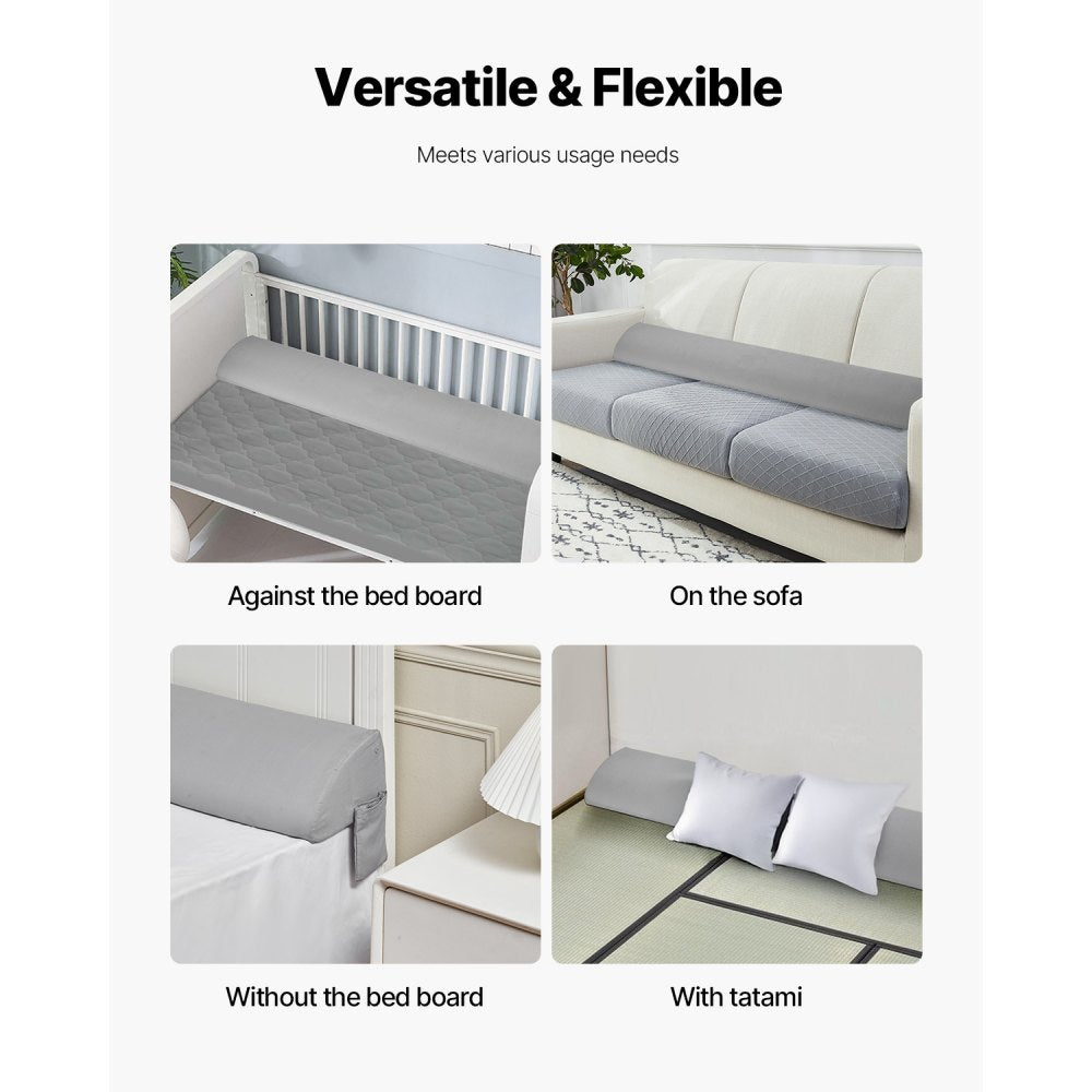 VEVOR Bed Wedge Pillow for Headboard, King Size, 76"x8"x6" Bed Gap Filler, Fill 0-5" Gap Between Headboard and Mattress, 25D Foam Mattress Wedge Headboard Pillow with Side Pocket, for Backrest, Gray
