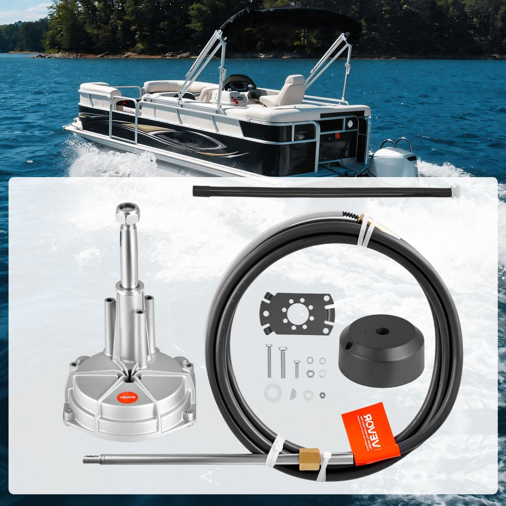 VEVOR Boat Steering System, 17 ft Boat Control Cable Outboard Rotary Steering System Kit with Aluminum Alloy Helm, Durable Marine Replacement for Fishing Boats, Small Sailboats, Speedboats, Lifeboats