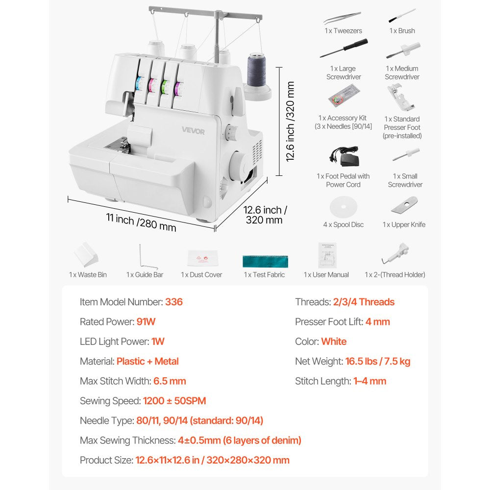 VEVOR Serger Overlock Sewing Machine, 1250 Stitches Per Minute, 2-3-4 Thread Capability, 0.7-2 Adjustable Differential Feed, with Free Arm and LED Light, Sewing Machine for Various Fabrics, White