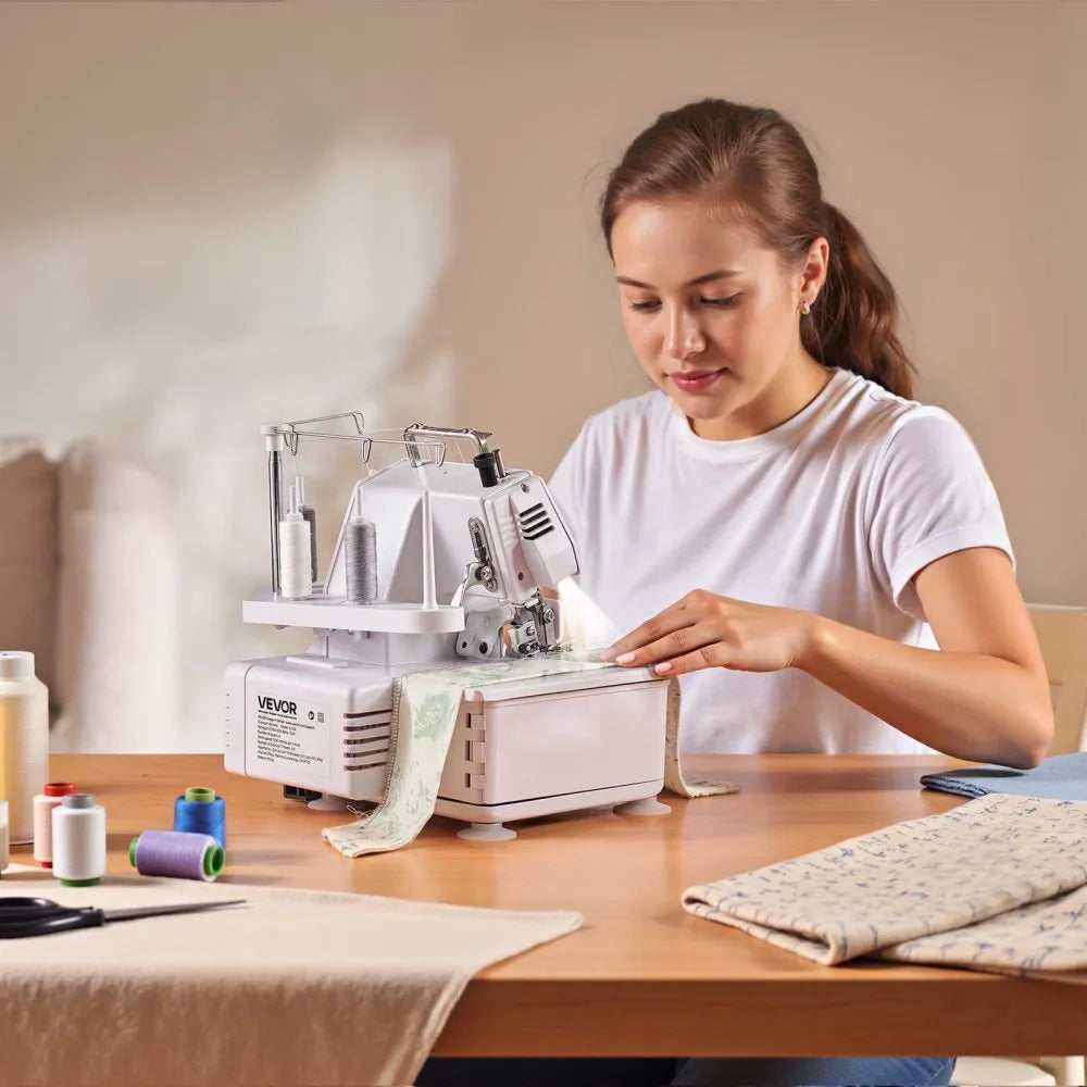 VEVOR Serger Overlock Sewing Machine, 1250 Stitches Per Minute, 3 and 4 Thread Capability, with LED Light and Strong Suction Feet, Heavy-Duty Metal Frame Sewing Machine for Various Fabrics, White