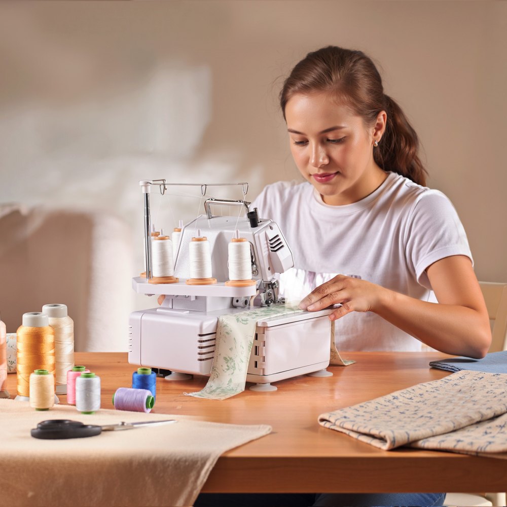 VEVOR Serger Overlock Sewing Machine, 1250 Stitches Per Minute, 2-3-5 Thread Capability, with LED Light and Strong Suction Feet, Heavy-Duty Metal Frame Sewing Machine for Various Fabrics, White