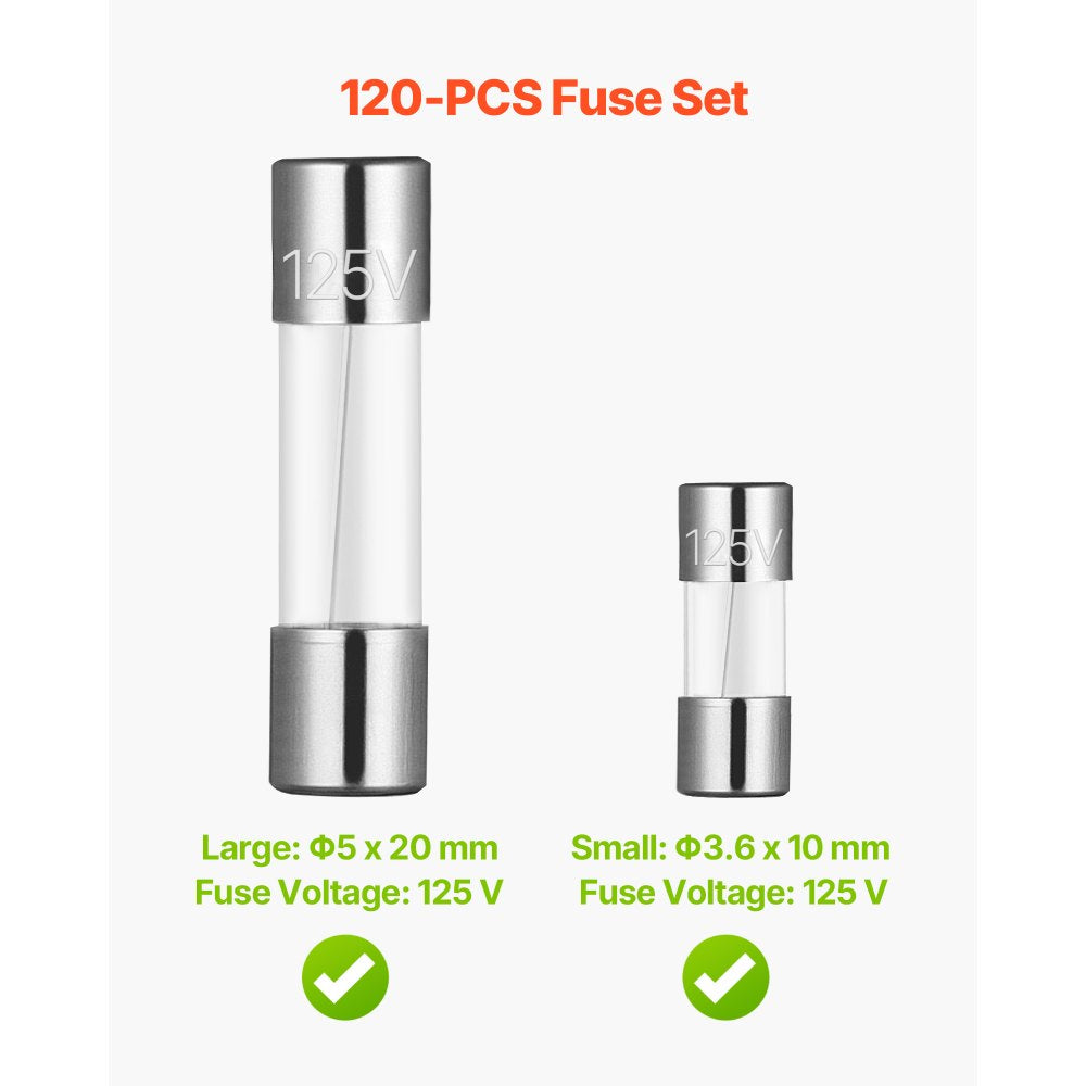 VEVOR Fast-Blow Glass Fuses Assortment Kit, 120 Pcs 125 Volt, 5 x 20 mm 1A 2A 3A 4A 5A 8A 10A, 3.6 x 10 mm 2.5A 3A 5A Tube Fuses, Suitable for Electrical Boxes, LED Strips, Electronics, Appliances