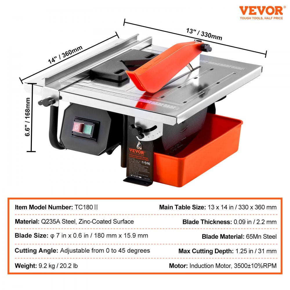 VEVOR Wet Tile Saw, 7-inch 65Mn Steel Blade, 3500 RPM Induction Motor, Tile Cutter Wet Saw with Water Reservoir, 0-45 Degrees Miter Angle for Cutting Tiles and Stones, for DIY Enthusiasts