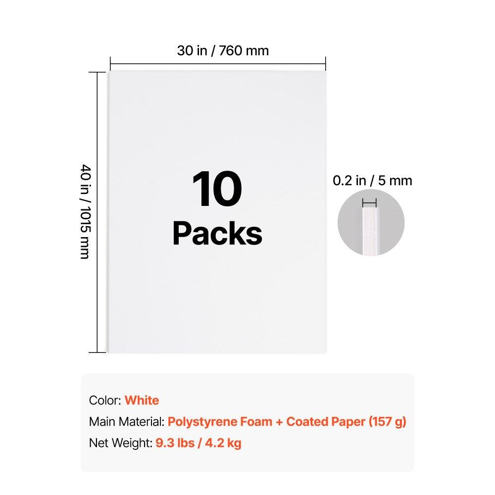 VEVOR Foam Board, 10 Pack 30 x 40 in, 3/16 in Thickness White Poster Board, for Mounting, Crafts, Paintings Prints, Art, Display, Presentation and Projects, Acid-Free Double Sided Foam Core Sheets