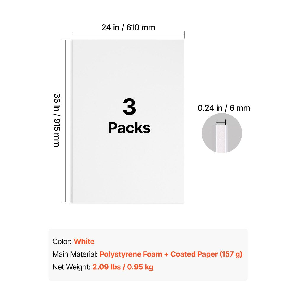 VEVOR Foam Board, 3 Pack 24 x 36 in, 1/4 in Thickness White Poster Board, for Mounting, Crafts, Paintings Prints, Art, Display, Presentation and Projects, Acid-Free Double Sided Foam Core Sheets