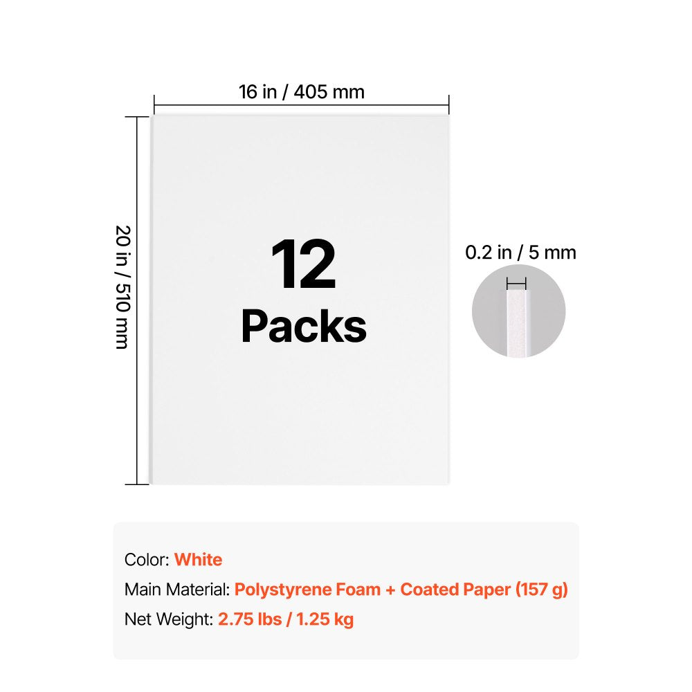 VEVOR Foam Board, 12 Pack 16 x 20 in, 3/16 in Thickness White Poster Board, for Mounting, Crafts, Paintings Prints, Art, Display, Presentation and Projects, Acid-Free Double Sided Foam Core Sheets