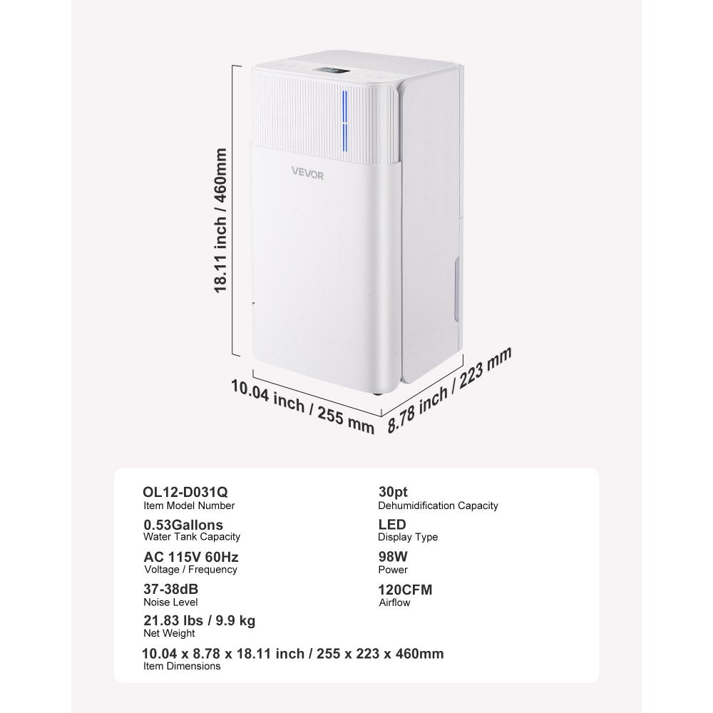 VEVOR 30 Pints Dehumidifier for Home & Basement, Drain Hose for Commercial & Industrial Use, Smart Humidity Control, Low Noise for Large Rooms, Warehouses, Bedrooms & Storage, Large Coverage,White