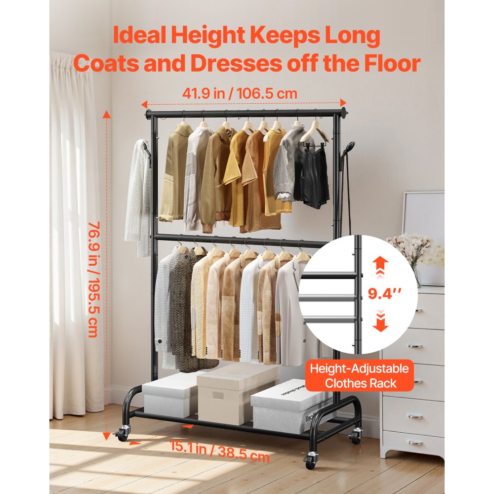 VEVOR Clothes Rack, Rolling Clothing Garment Rack with Adjustable Crossbar and Side Hooks, 150 lbs Load Capacity, Heavy Duty Carbon Steel Clothing Racks with Wheels for Bedroom, Laundry, Living Room