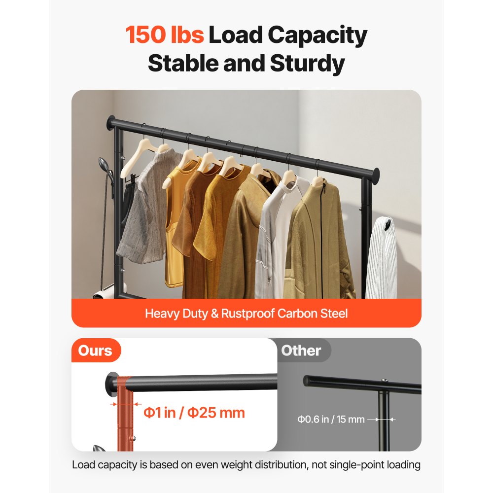 VEVOR Clothes Rack, Rolling Clothing Garment Rack with Adjustable Crossbar and Side Hooks, 150 lbs Load Capacity, Heavy Duty Carbon Steel Clothing Racks with Wheels for Bedroom, Laundry, Living Room