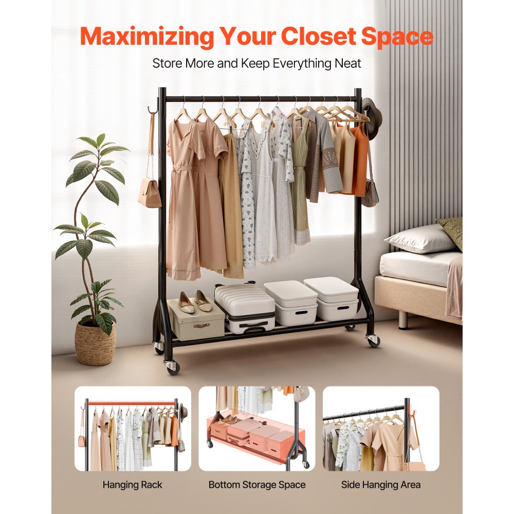 VEVOR Clothes Rack, Rolling Clothing Garment Rack with Hanging Rod and Side Hooks, 198 lbs Load Capacity, Heavy Duty Carbon Steel Clothing Racks with Wheels, Ideal for Bedroom, Laundry, Living Room