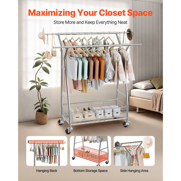 Vevor Clothes Rack Vevor Clothes Rack Rolling Garment Rack with 2 Hanging Rods and Storag ...