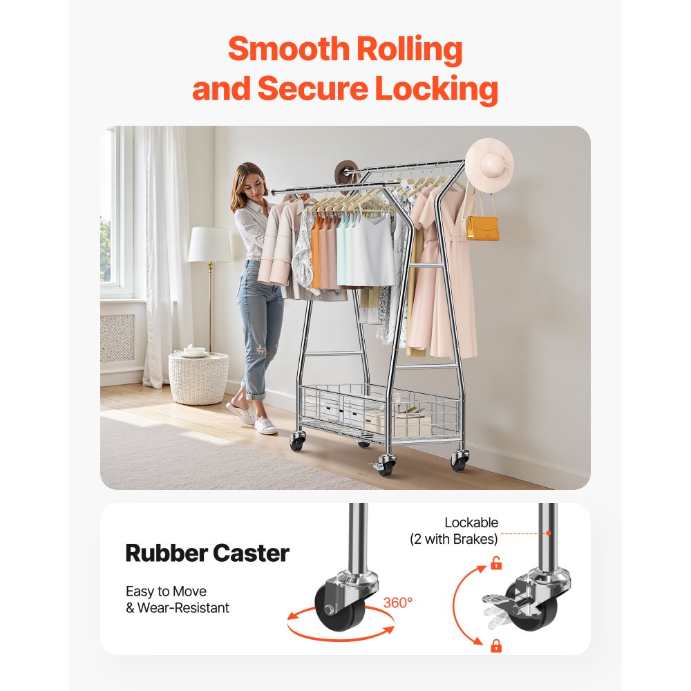 VEVOR Clothes Rack, Rolling Clothing Garment Rack with 2 Hanging Rods and Storage Basket, 330 lbs Load Capacity, Extendable Carbon Steel Clothing Racks with Wheels for Bedroom, Laundry, Living Room