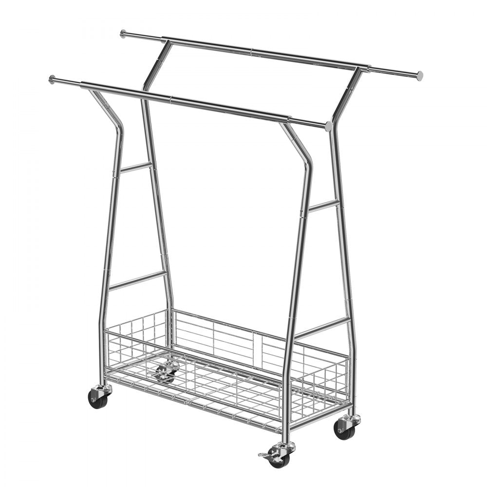 VEVOR Clothes Rack, Rolling Clothing Garment Rack with 2 Hanging Rods and Storage Basket, 330 lbs Load Capacity, Extendable Carbon Steel Clothing Racks with Wheels for Bedroom, Laundry, Living Room