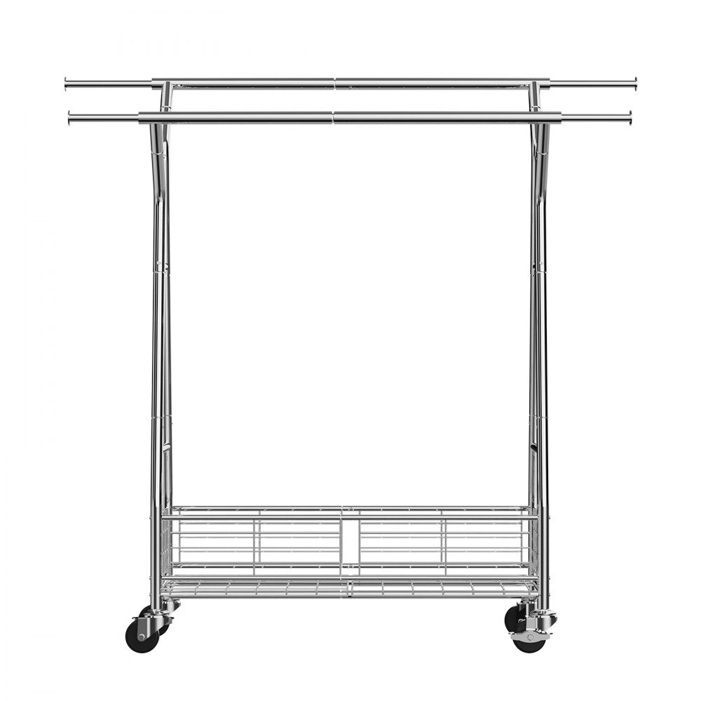 VEVOR Clothes Rack, Rolling Clothing Garment Rack with 2 Hanging Rods and Storage Basket, 330 lbs Load Capacity, Extendable Carbon Steel Clothing Racks with Wheels for Bedroom, Laundry, Living Room
