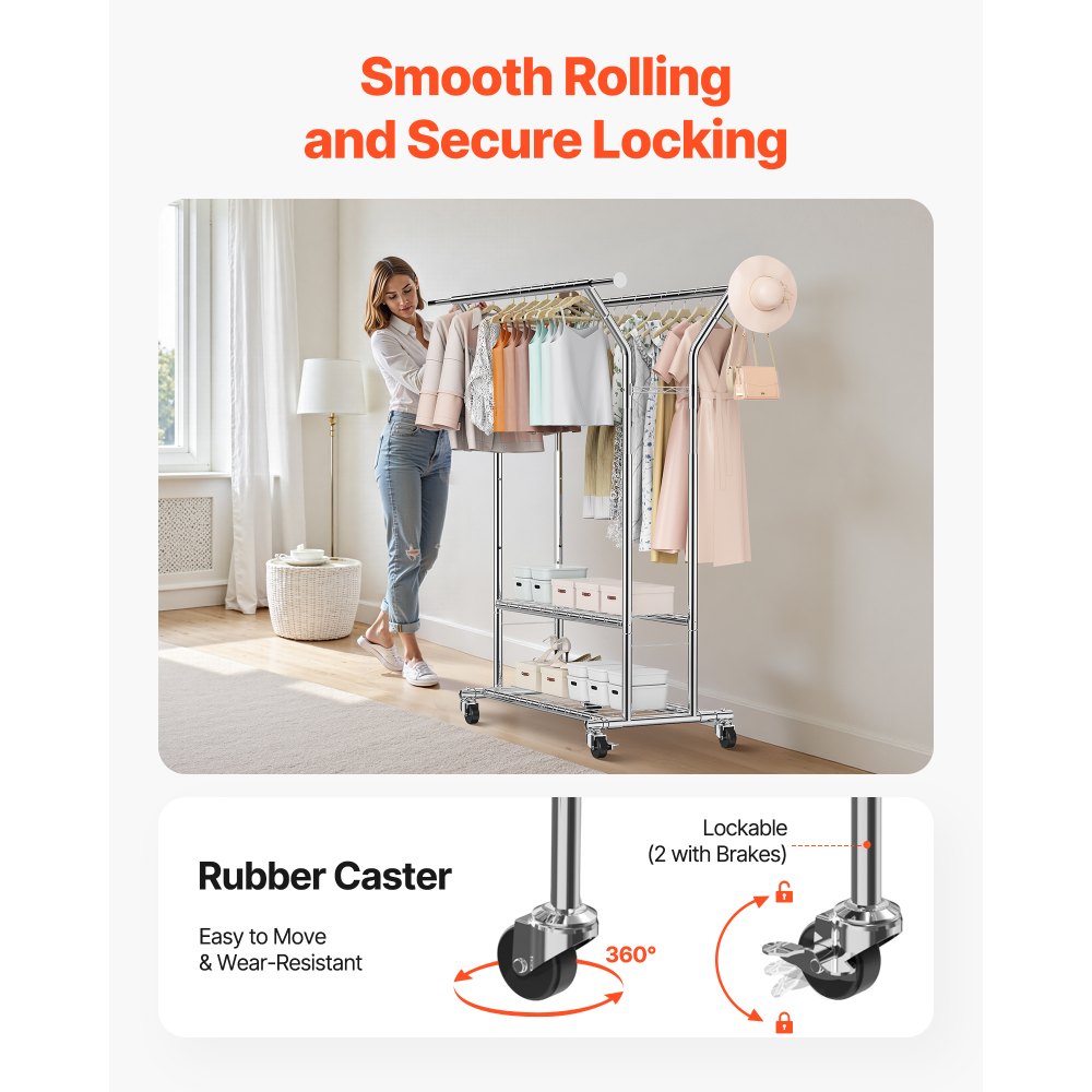 VEVOR Clothes Rack, Rolling Clothing Garment Rack with 2 Hanging Rods and 2 Storage Shelves, 264 lbs Load Capacity, Adjustable Height Carbon Steel Clothing Racks for Bedroom, Laundry, Living Room