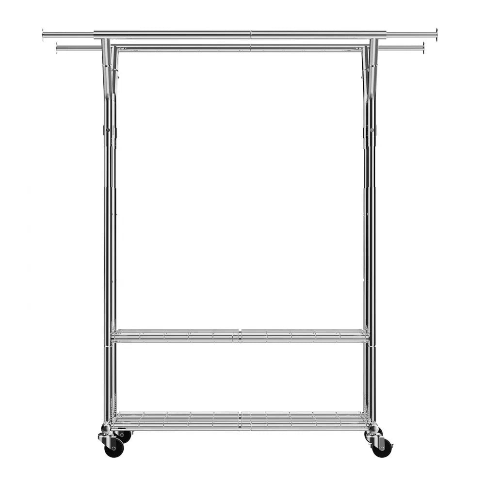 VEVOR Clothes Rack, Rolling Clothing Garment Rack with 2 Hanging Rods and 2 Storage Shelves, 264 lbs Load Capacity, Adjustable Height Carbon Steel Clothing Racks for Bedroom, Laundry, Living Room