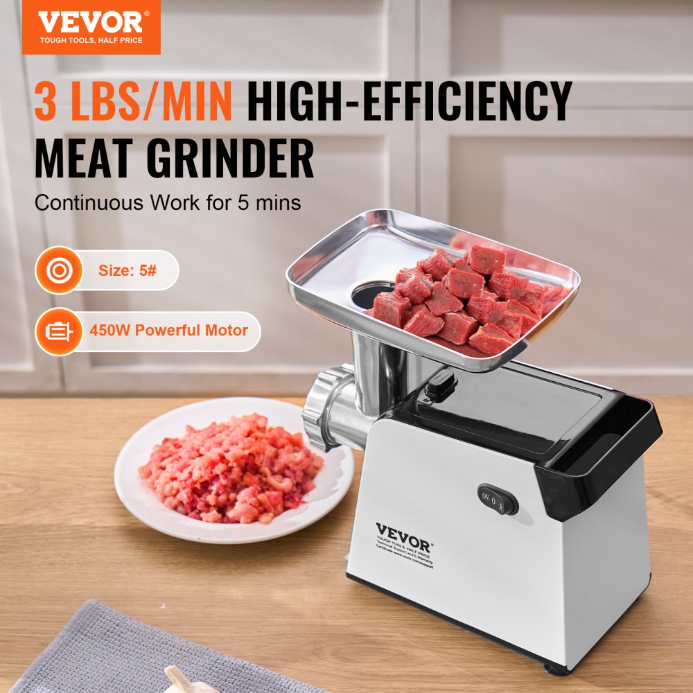 VEVOR Meat Grinder, 3 Lbs/Min Capacity Electric Meat Grinders with Blade, Grinding Plate, Sausage Maker, Kubbe Kit, Stainless Steel Meat Mincer for Home Kitchen
