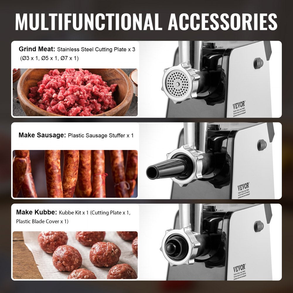 VEVOR Meat Grinder, 3 Lbs/Min Capacity Electric Meat Grinders with Blade, Grinding Plate, Sausage Maker, Kubbe Kit, Stainless Steel Meat Mincer for Home Kitchen