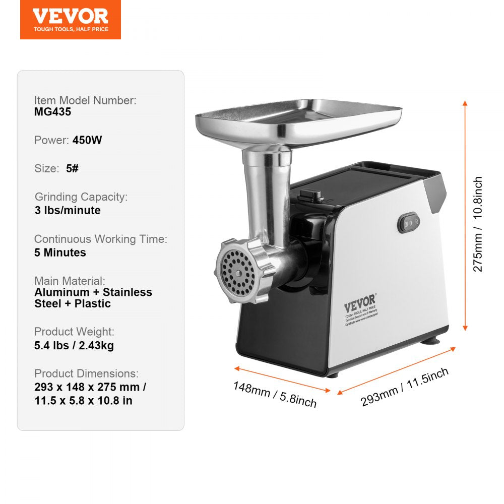VEVOR Meat Grinder, 3 Lbs/Min Capacity Electric Meat Grinders with Blade, Grinding Plate, Sausage Maker, Kubbe Kit, Stainless Steel Meat Mincer for Home Kitchen