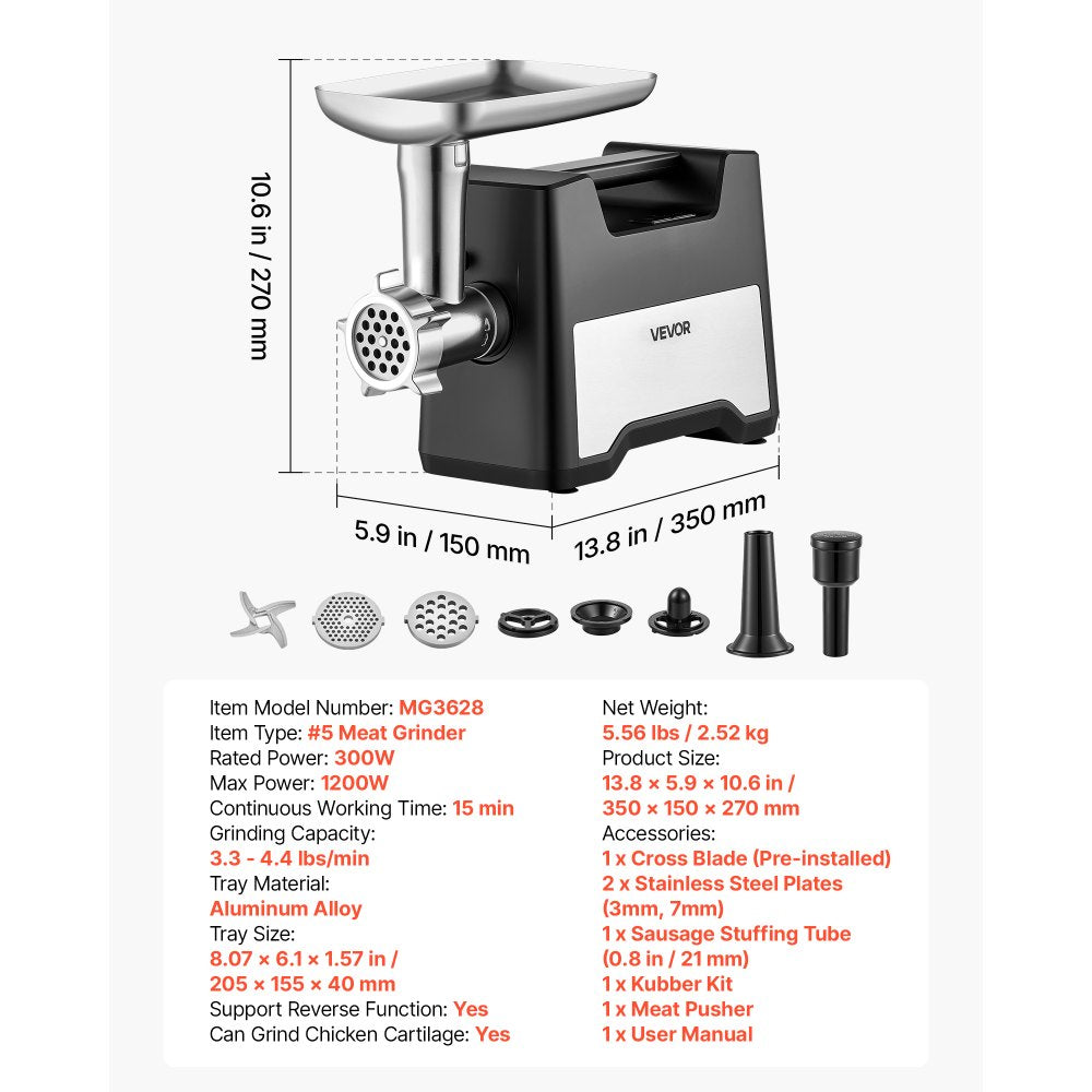 VEVOR Electric Meat Grinder, 3.3-4.4 Lbs/Min 1200W Max, #5 Home Meat Mincer with 2 Grinding Plates, Sausage Stuffing Tube & Kubbe Kit, 300W Stainless Steel Sausage Maker for Home Kitchens