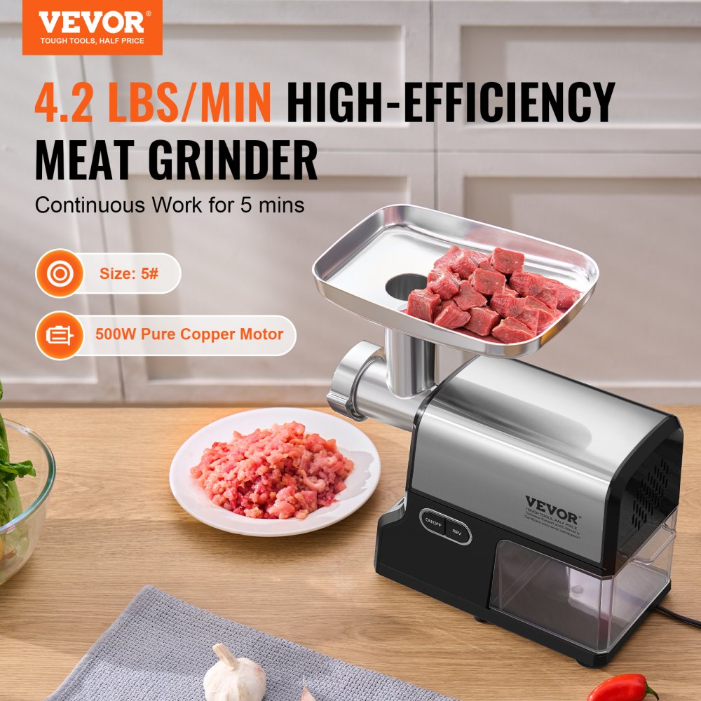 VEVOR Meat Grinder, 4.2 Lbs/Min Capacity Electric Meat Grinders with Blade, Grinding Plate, Sausage Maker, Kubbe Kit, Burger Press, Chopper Attachment, Stainless Steel Meat Mincer for Home Kitchen