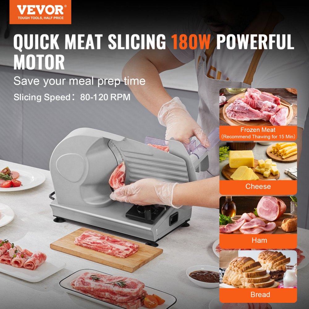VEVOR Meat Slicer, 7.5 inch Electric Deli Food Slicer, 180W Meat Cutter with a Premium SUS420 Blade, 0-0.6 inch Adjustable Thickness, Food Slicer Machine for Meat, Hard Bread and Cheese, Home Use