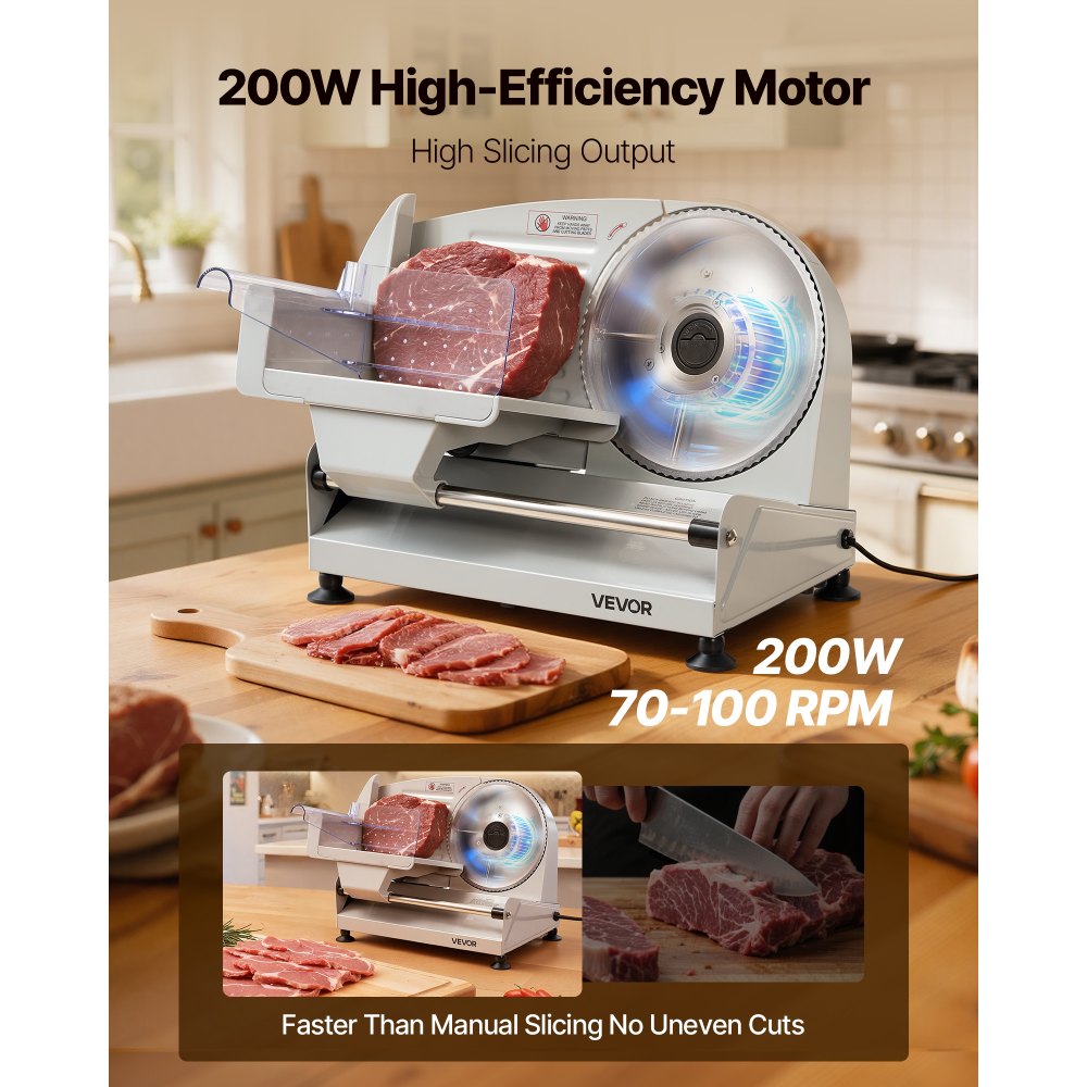 VEVOR Meat Slicer, 7.5" Electric Deli Slicer with SUS420 Blade & 0-0.6" Adjustable Thickness, 200W Home Food-Slicer for Frozen Meat, Ham, Baguett, Steak, UL Approved