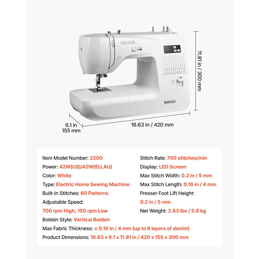 VEVOR Computerized Sewing Machine, 60 Stitch Applications, with LED Screen, Foot Pedal and LED Light, Heavy-Duty Metal Frame, Digital Sewing Machine with Powerful Motor for Crafts and Mending