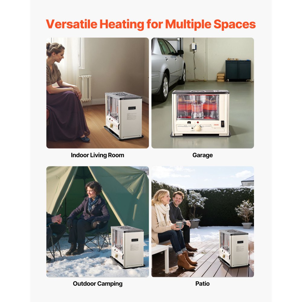 VEVOR 10000 BTU Indoor & Outdoor Kerosene Heater, Portable Space Heater with Auto Shut-Off & Adjustable Flame & Tip-Over, for Home, Garage, Basement, Camping, Workshop and Emergency,Black